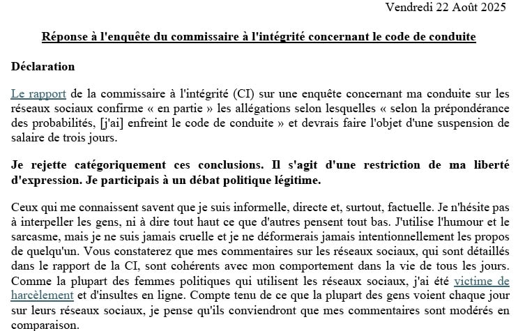 Résumé de la réponse au rapport de la commissaire à intégrité