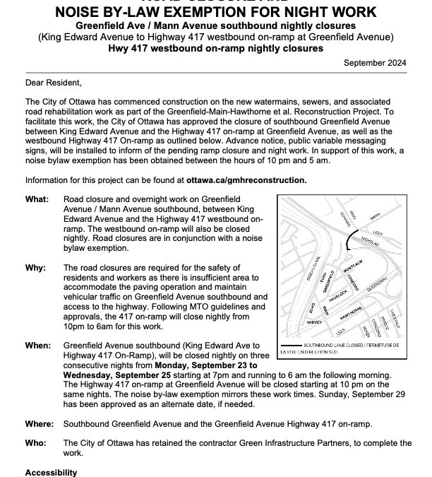 REVISED – ROAD CLOSURE AND NOISE BY-LAW EXEMPTION FOR NIGHT WORK