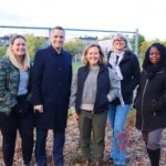 Stéphanie Plante, Mayor Mark Sutcliffe, Stephanie Benoit, MPP Lucille Collard, and Principal Beatrice Ocquaye pose in the newly planted tiny forest at Robert E. Wilson school.